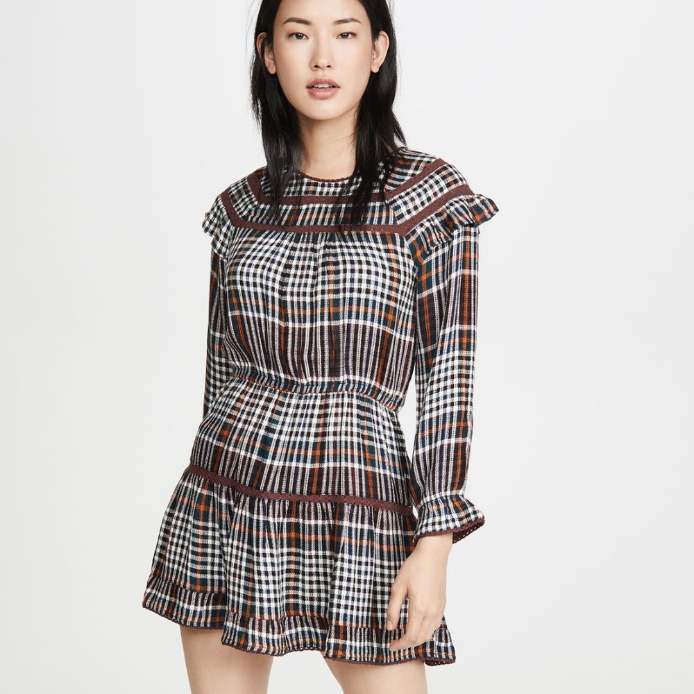 NWT dRA Nara Mini Dress Size M Harvest Plaid Long Sleeve Lace Ruffles